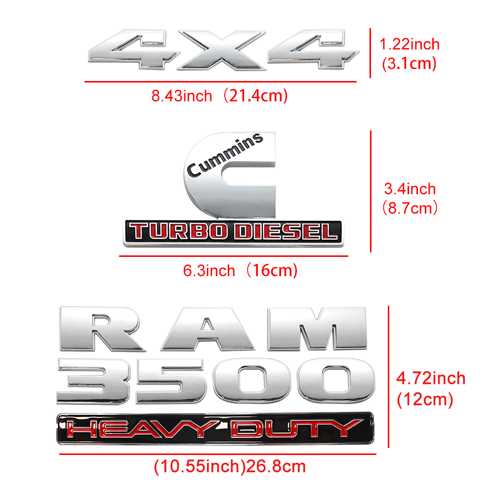 5Pcs 2015-2024 RAM 3500 HEAVY DUTY Chrome Red ABS Dodge Badge 4X4 Cummins Turbo Diesel Decal