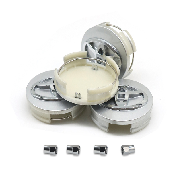 4x TOYOTA WHEEL RIMS CENTER HUB CAP CAPS SILVER BASE CHROME LOGO 62MM CAMRY +MOR&4 Tire Valve Stem Caps