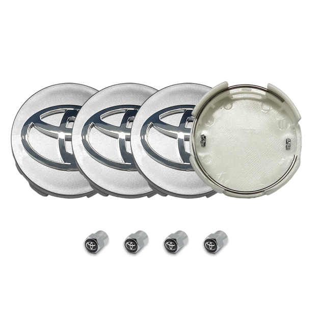 4x TOYOTA WHEEL RIMS CENTER HUB CAP CAPS SILVER BASE CHROME LOGO 62MM CAMRY +MOR&4 Tire Valve Stem Caps