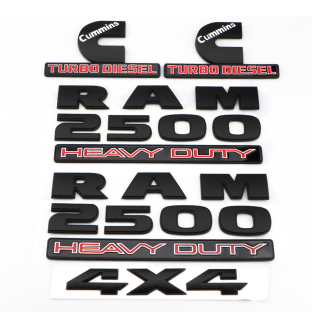  Dodge RAM 2500 Emblem Badges Nameplate RAM 2500 HEAVY DUTY 4X4 Cummins Turbo Diesel Matte Black Red 5PCS SET