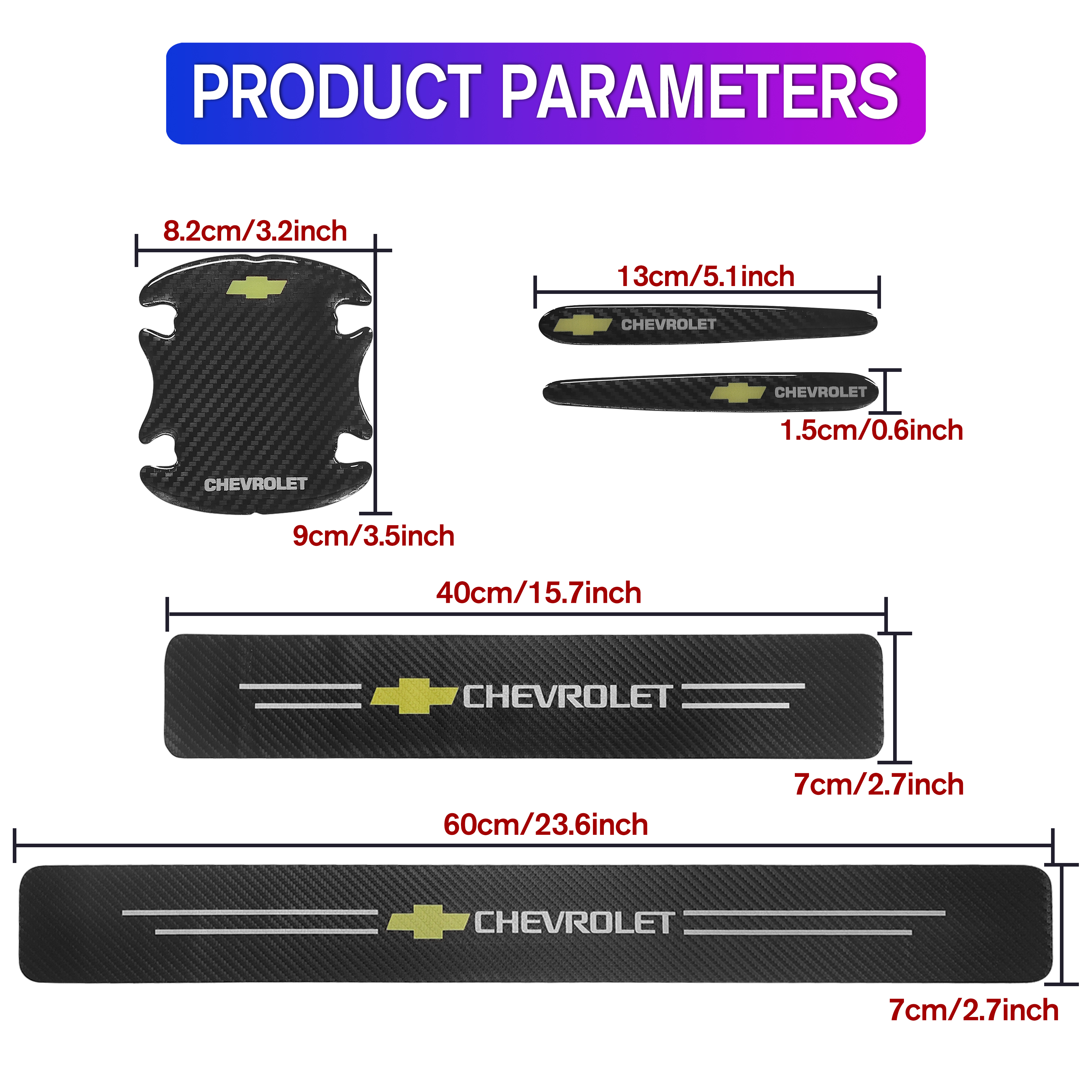 12Pcs Chevrolet Carbon Fiber Black Red Door Sill Scuff Covers Protector Door Cup Handle Stickers Set