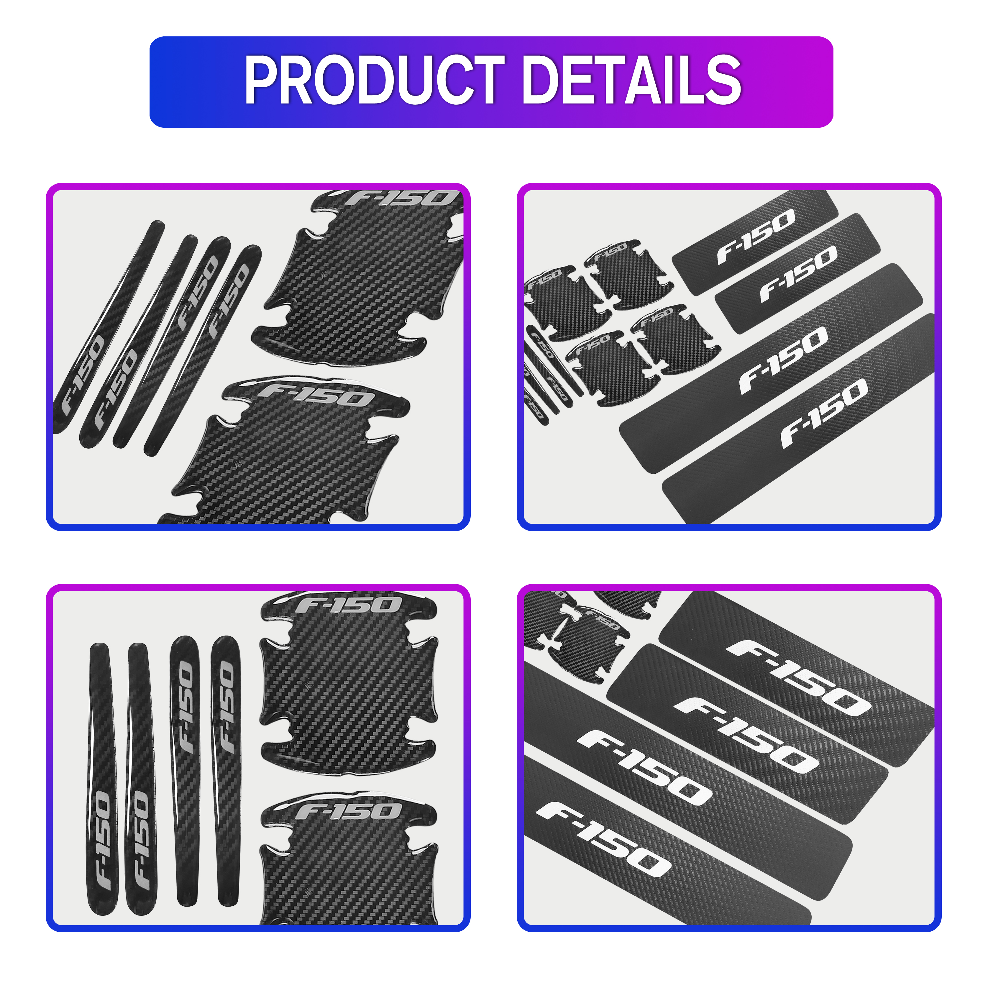 12Pcs F-150 Carbon Fiber Black White Ford Door Sill Scuff Covers Protector Door Cup Handle Stickers SET