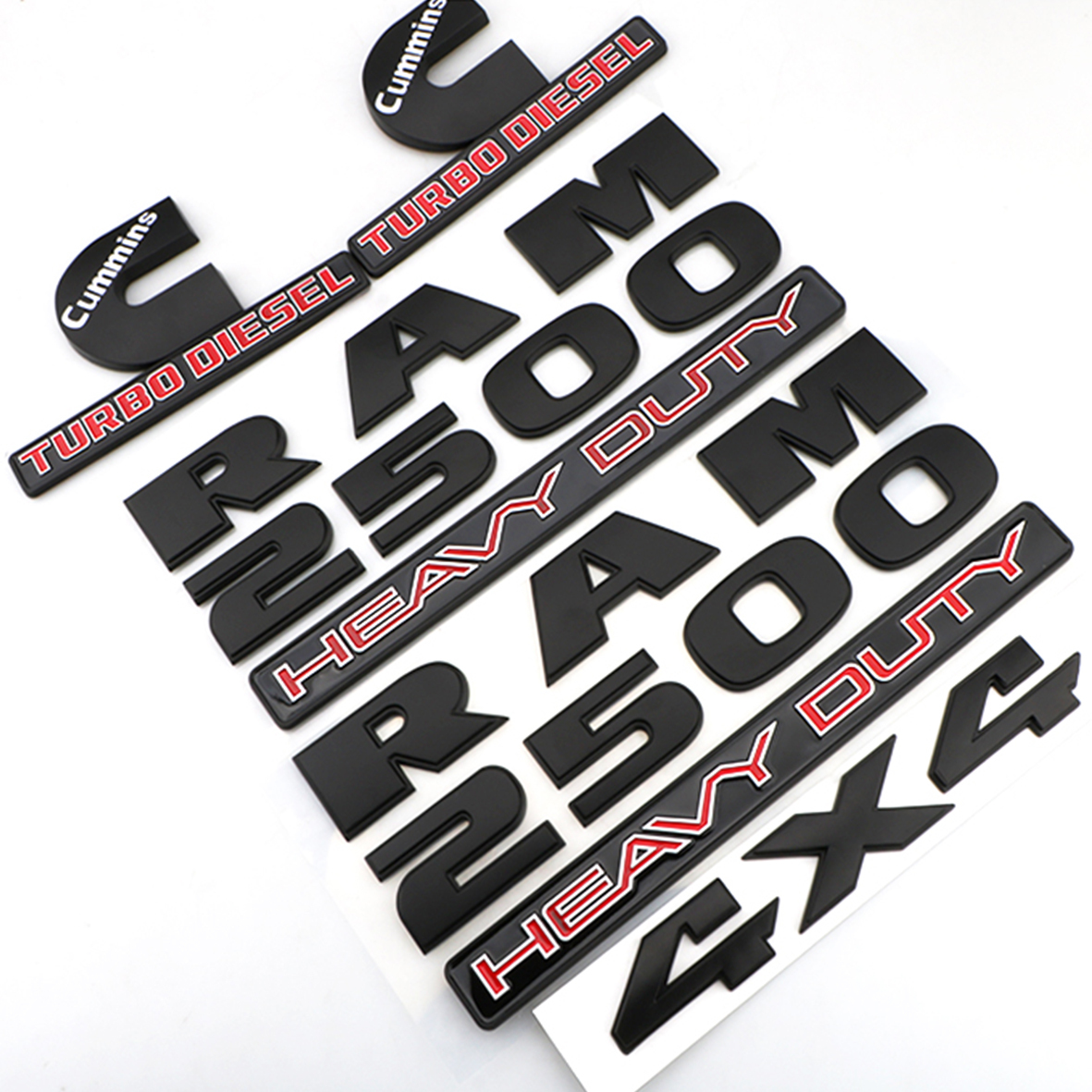  Dodge RAM 2500 Emblem Badges Nameplate RAM 2500 HEAVY DUTY 4X4 Cummins Turbo Diesel Matte Black Red 5PCS SET