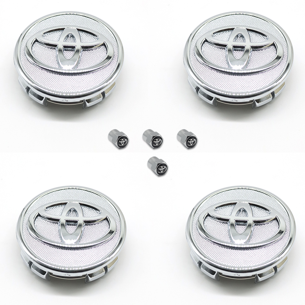 SET 4 TOYOTA WHEEL CENTER CAPS 57 MM SILVER/CHROME COROLLA PRIUS YARIS&4 Tire Valve Stem Caps