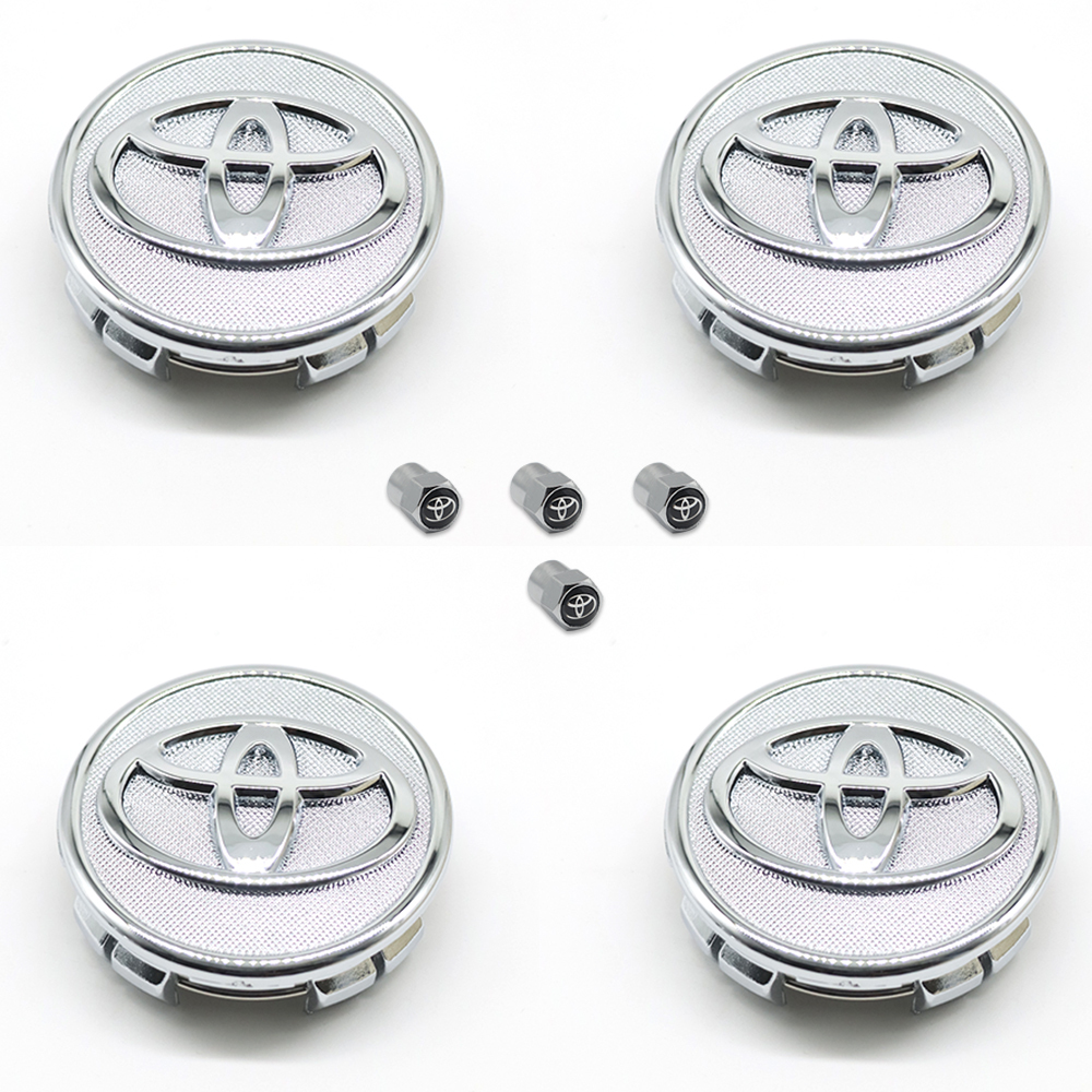 SET 4 TOYOTA WHEEL CENTER CAPS 57 MM SILVER/CHROME COROLLA PRIUS YARIS&4 Tire Valve Stem Caps
