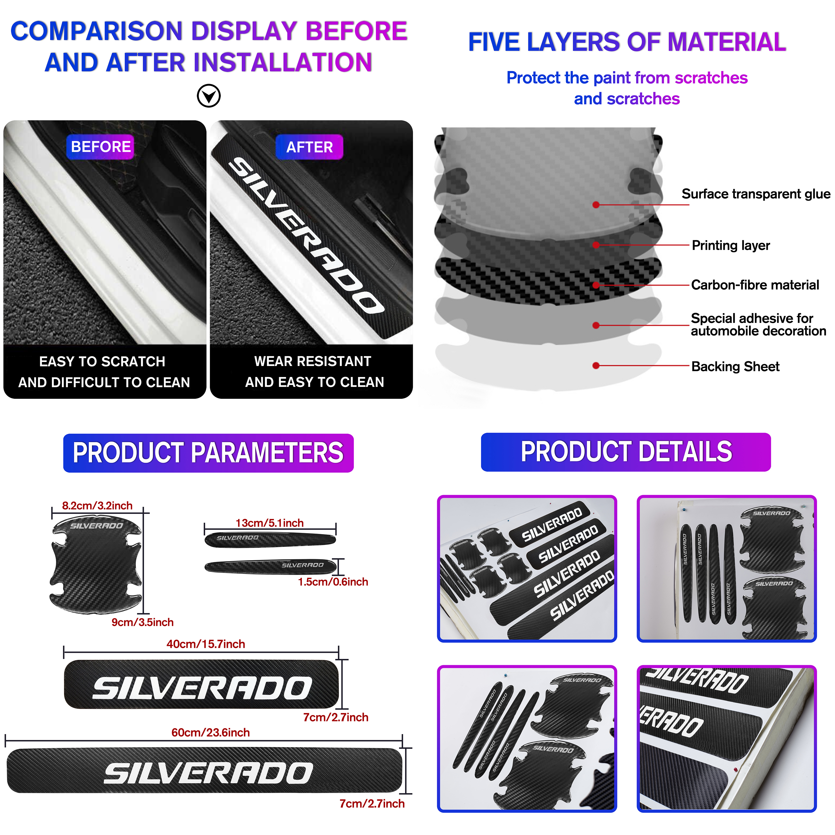 12Pcs Silverado 1500 2500HD 3500HD Carbon Fiber Door Sill Plate Step Scuff Cover Protector Chevrolet