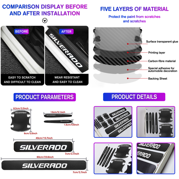 12Pcs Silverado 1500 2500HD 3500HD Carbon Fiber Door Sill Plate Step Scuff Cover Protector Chevrolet