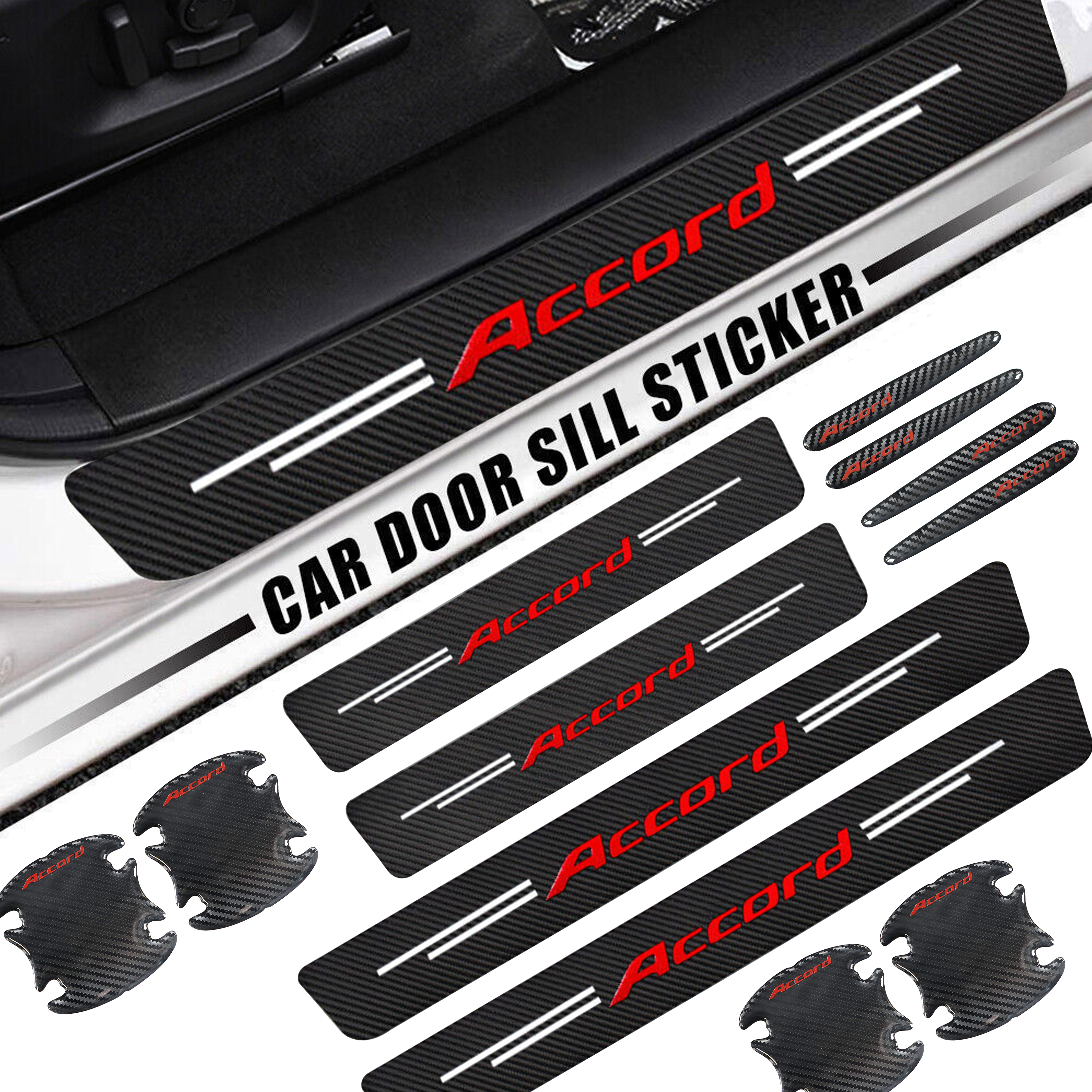 12PCS Accord Carbon Fiber Door Sill Cover Protector Black Red Honda