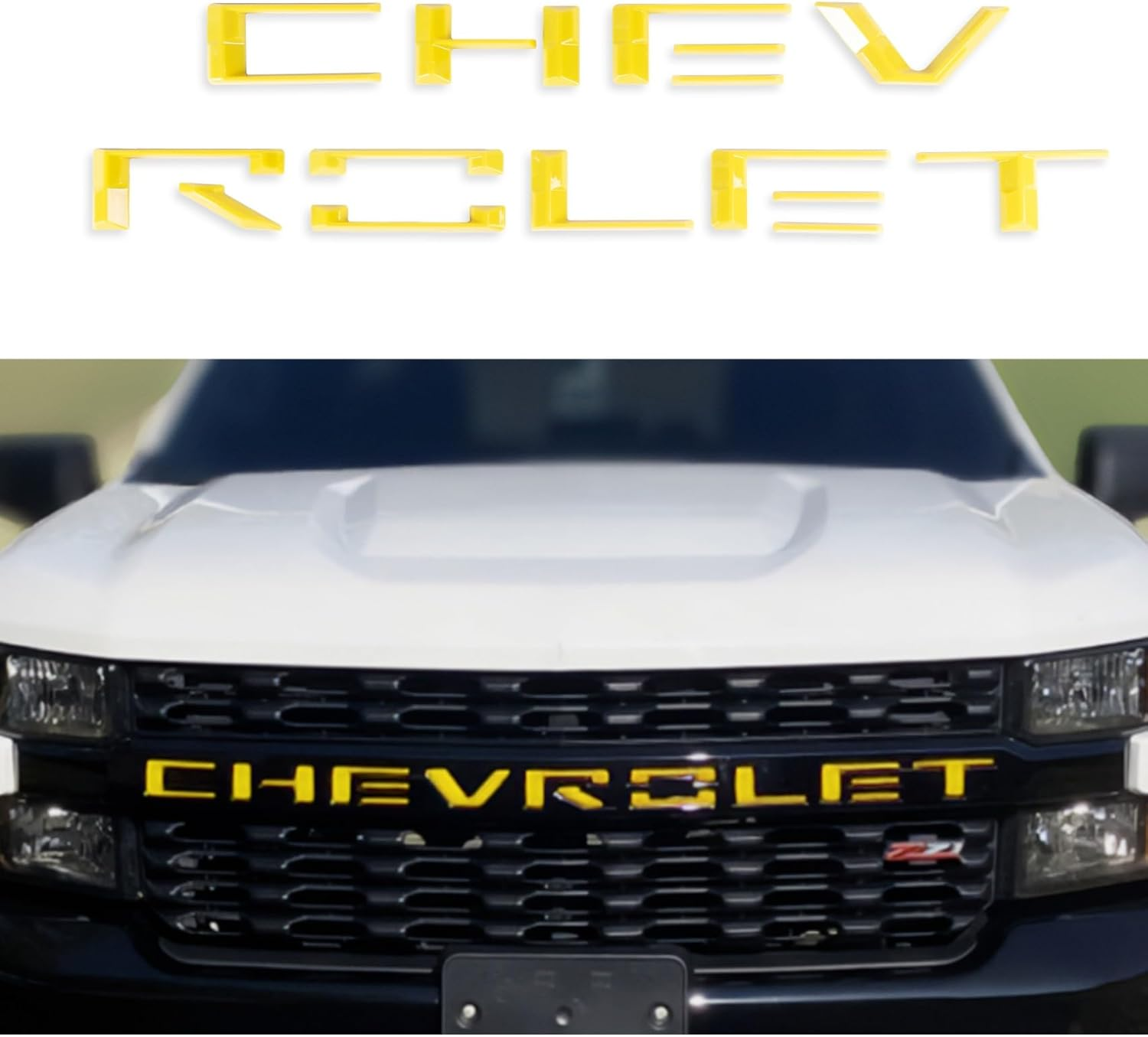 2019-2023 Silverado 1500 Plastic Front Grille 3D Insert Letters Gloss Yellow Chevrolet