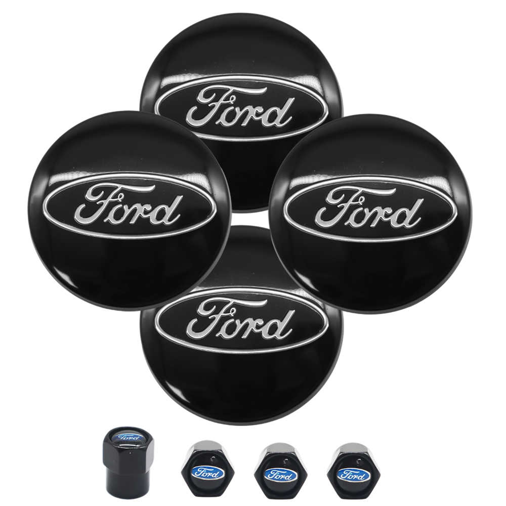 8PCS SET Ford Wheel Center Hub Caps 54mm Rim Emblem Hubcap Cover Logo 2 ⅛" & 4pcs Valve Caps Black 6M21-1003-AA 6M2Z-1003-C CP9C1A096AA