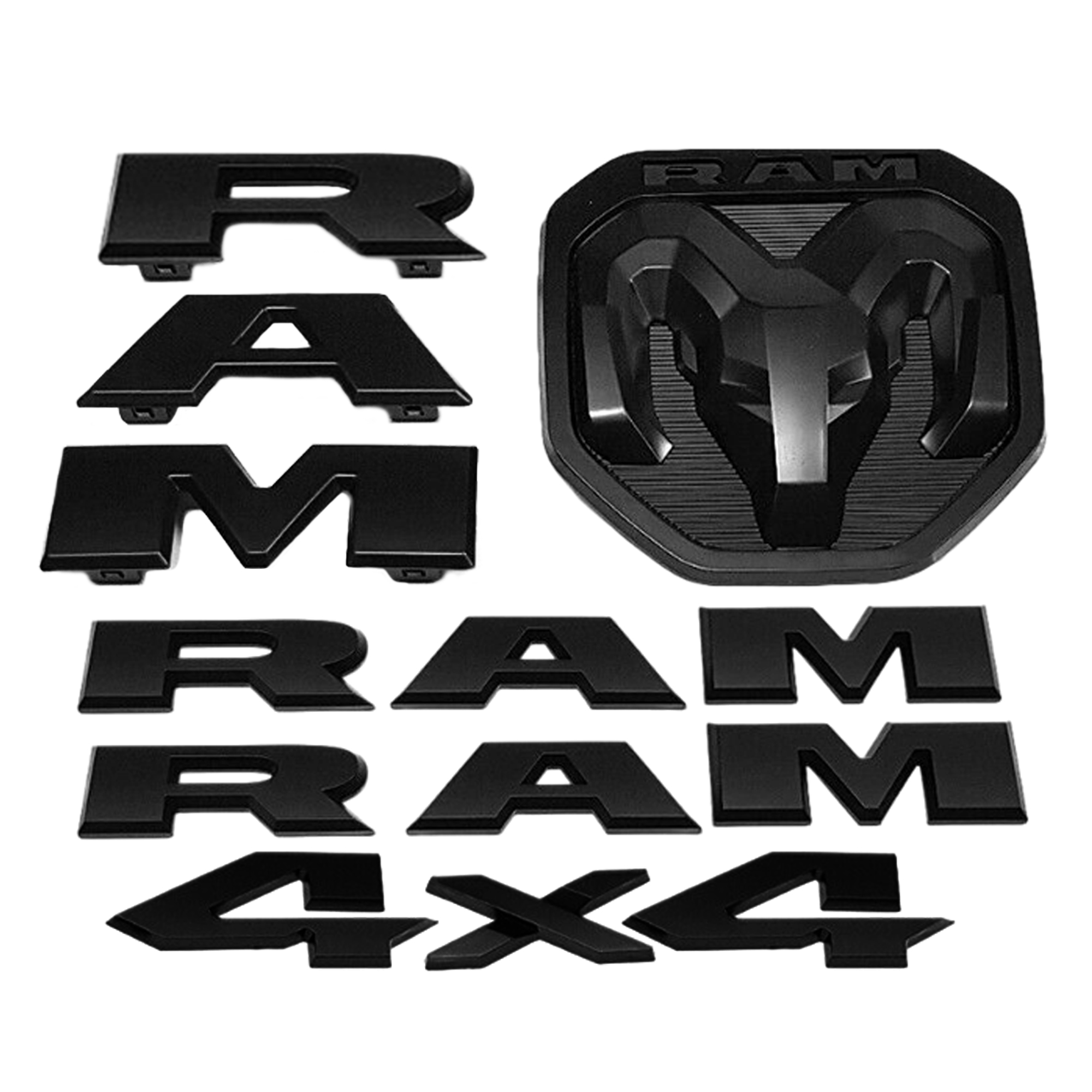 Dodge Ram 1500 2019-2023 Emblem Side Door / Front Grille / Rear Tailgate Rams Head / 4x4 Badge Nameplate Matte Black 68298470AA, 68276327AA