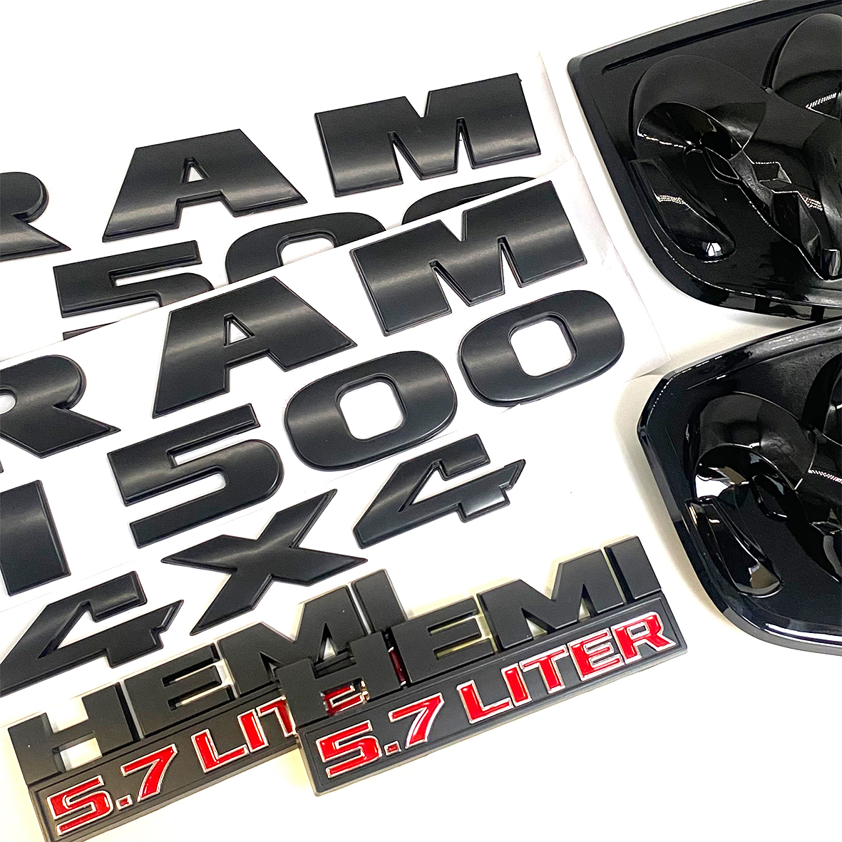 Dodge RAM 1500 Front & Rear RAM Head Emblem + RAM 1500 4X4 Hemi 5.7 liter  Badges Nameplate Black Red 