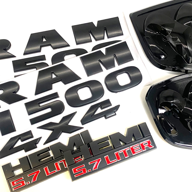 Dodge RAM 1500 Front & Rear RAM Head Emblem + RAM 1500 4X4 Hemi 5.7 liter  Badges Nameplate Black Red 