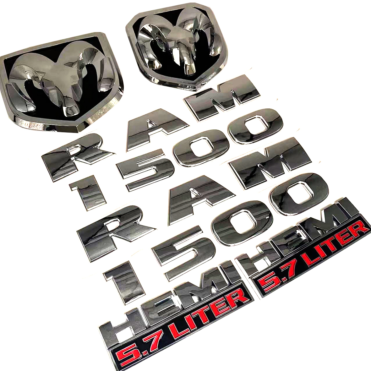 Dodge RAM 1500 Front & Rear RAM Head Emblem + RAM 1500 Hemi 5.7 liter  Badges Nameplate Chrome Red 