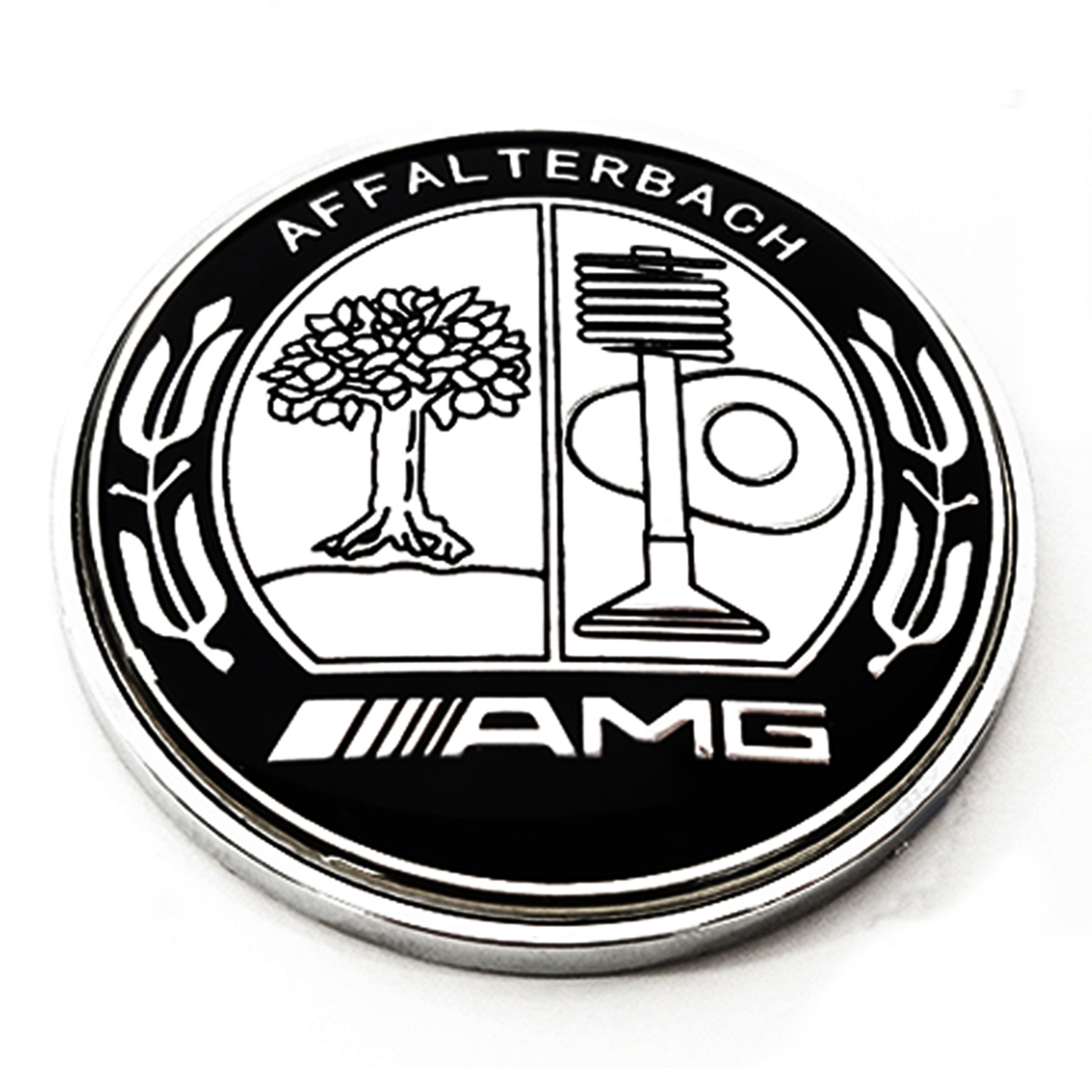 Mercedes Benz Affalterbach AMG Emblem CHROME BLACK Apple Tree Flat 57mm 3D Front Hood Round Badge