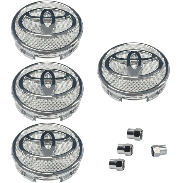SET 4 TOYOTA WHEEL CENTER CAPS 57 MM SILVER/CHROME COROLLA PRIUS YARIS&4 Tire Valve Stem Caps