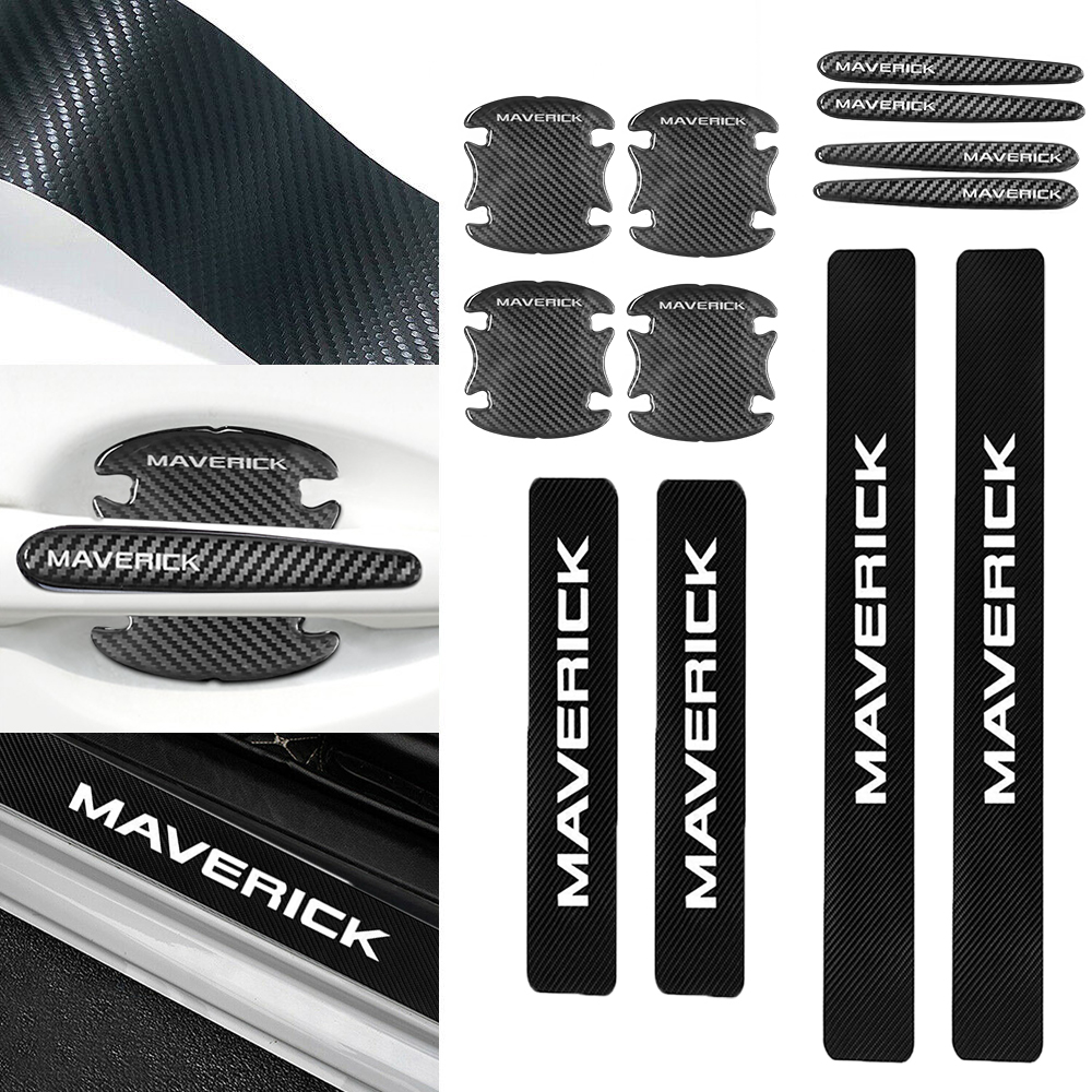 12Pcs Maverick Carbon Fiber Black White Ford Door Sill Scuff Covers Protector Door Cup Handle Stickers Set