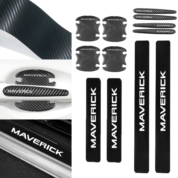 12Pcs Maverick Carbon Fiber Black White Ford Door Sill Scuff Covers Protector Door Cup Handle Stickers Set