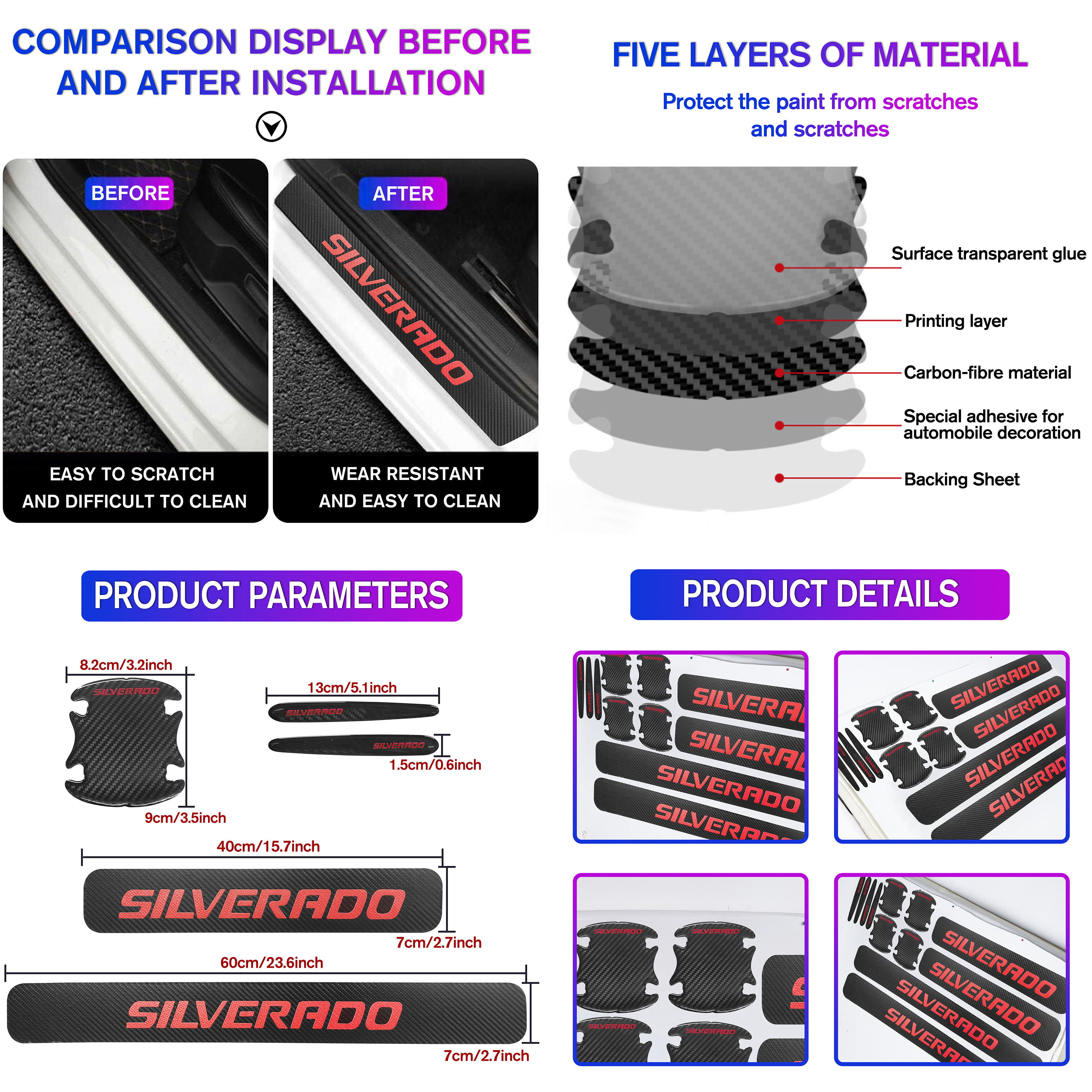 12Pcs Silverado 1500 2500HD 3500HD Carbon Fiber Door Sill Cover Protector Black Red Chevrolet
