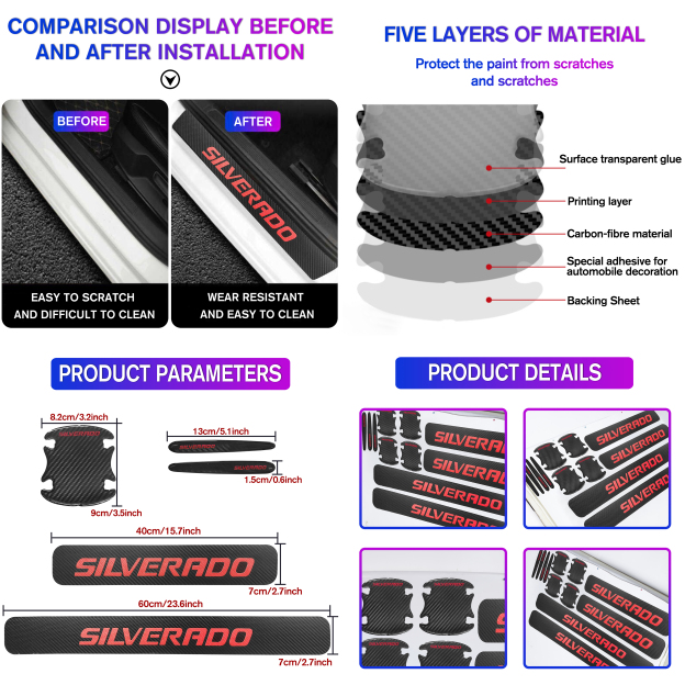 12Pcs Silverado 1500 2500HD 3500HD Carbon Fiber Door Sill Cover Protector Black Red Chevrolet