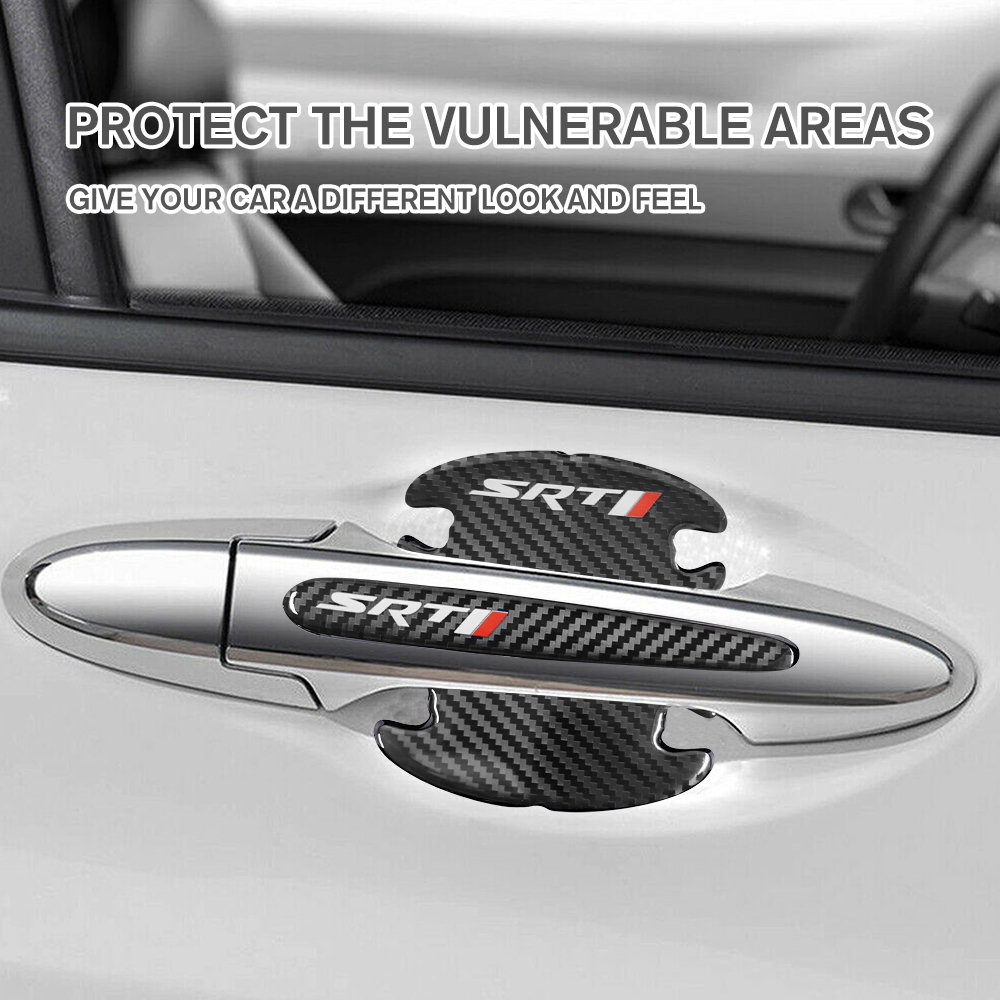 12Pcs SRT Carbon Fiber Black Red Door Sill Scuff Covers Protector Dodge Door Cup Handle Stickers Set