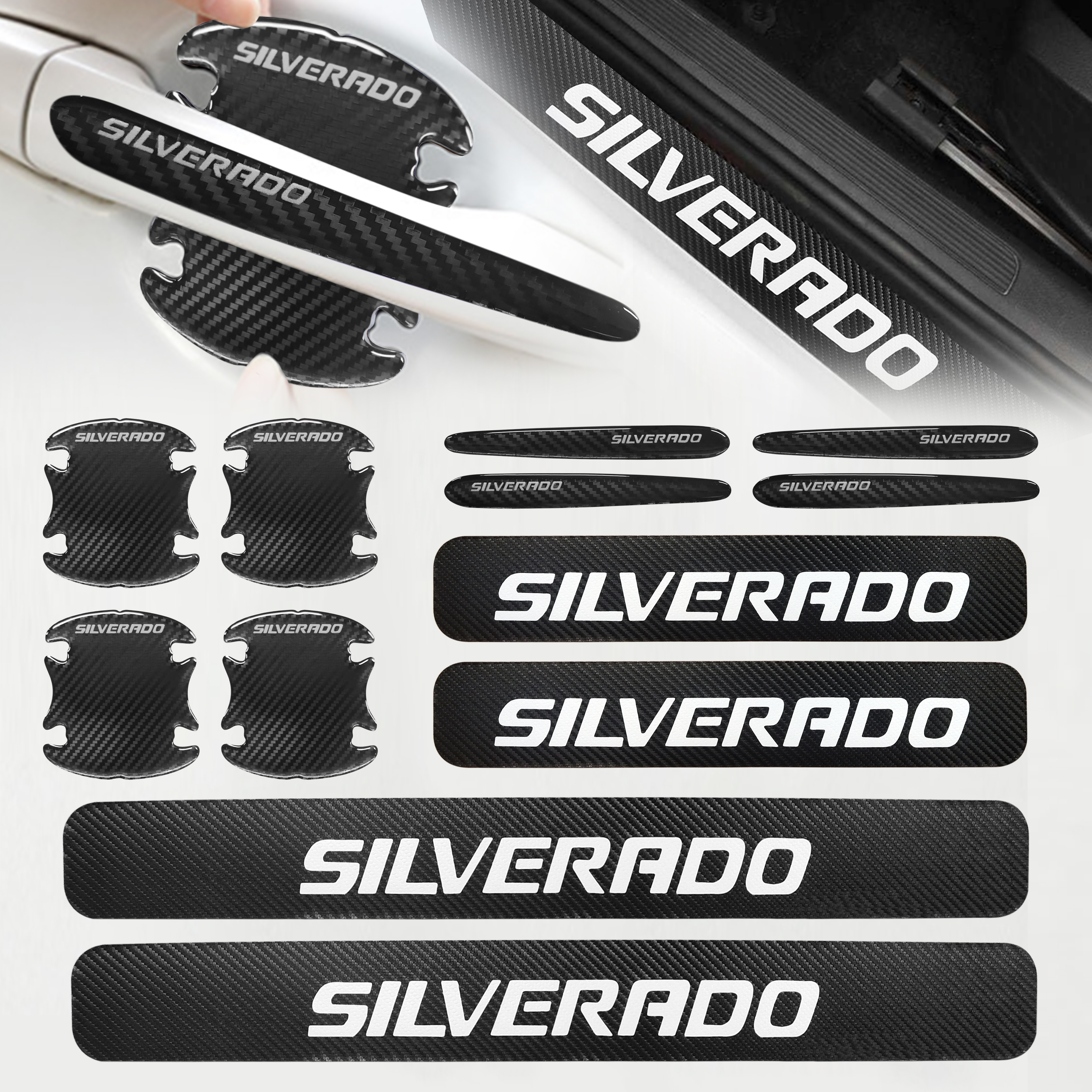 12Pcs Silverado 1500 2500HD 3500HD Carbon Fiber Door Sill Plate Step Scuff Cover Protector Chevrolet