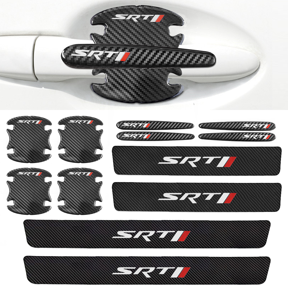 12Pcs SRT Carbon Fiber Black Red Door Sill Scuff Covers Protector Dodge Door Cup Handle Stickers Set