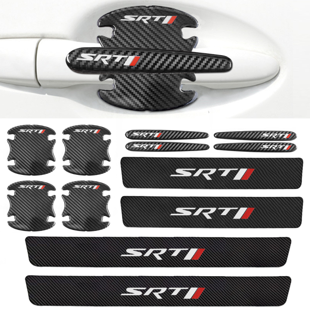 12Pcs SRT Carbon Fiber Black Red Door Sill Scuff Covers Protector Dodge Door Cup Handle Stickers Set