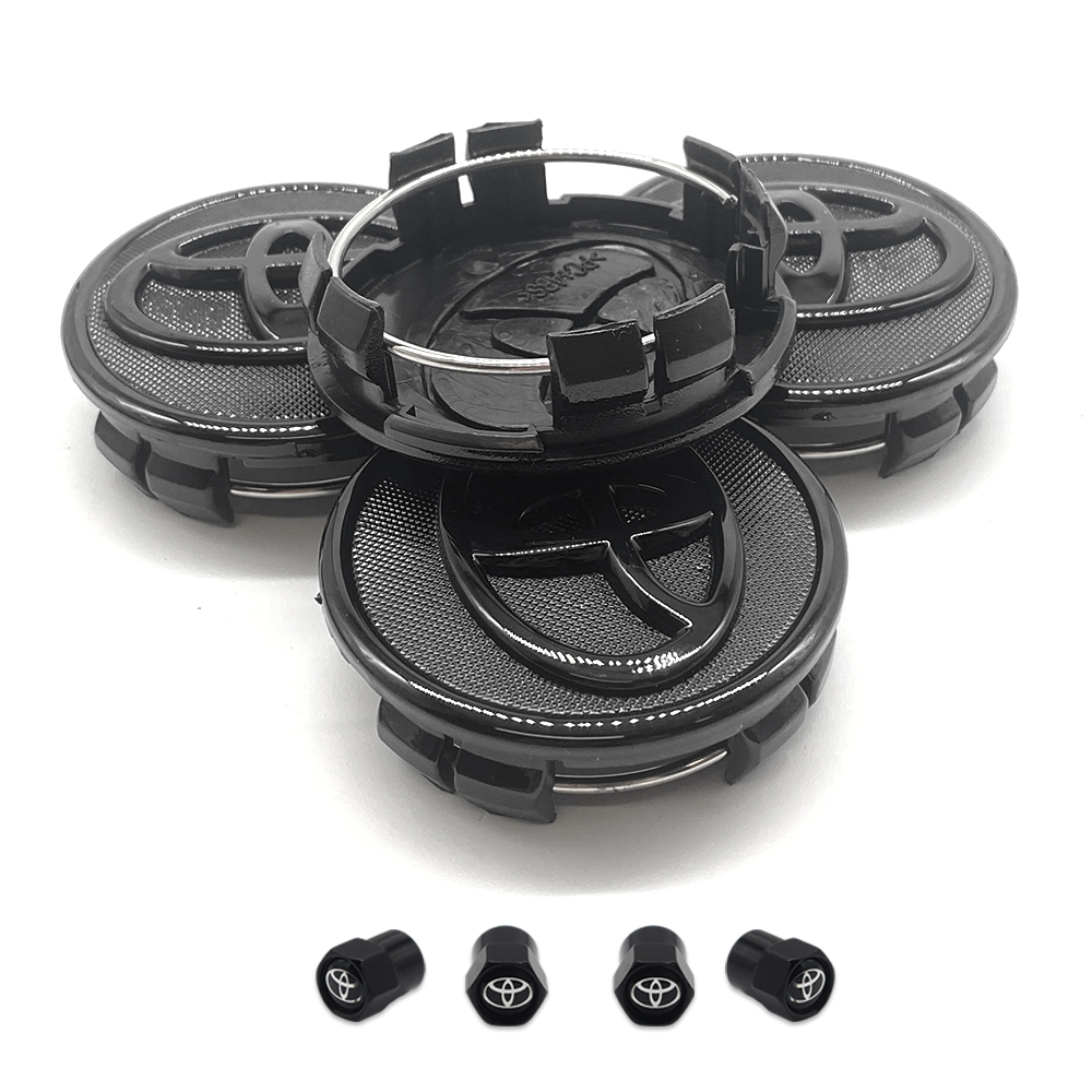 FIT FOR TOYOTA SET OF 4 BLACK 57mm/2.24in Wheel Center Caps &4 Tire Valve Stem Caps