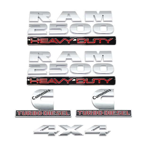 5Pcs 2013-2018 RAM 2500 4x4 Heavy Duty Cummins Turbo Diesel Letter Set Chrome Gloss Silver Red Dodge