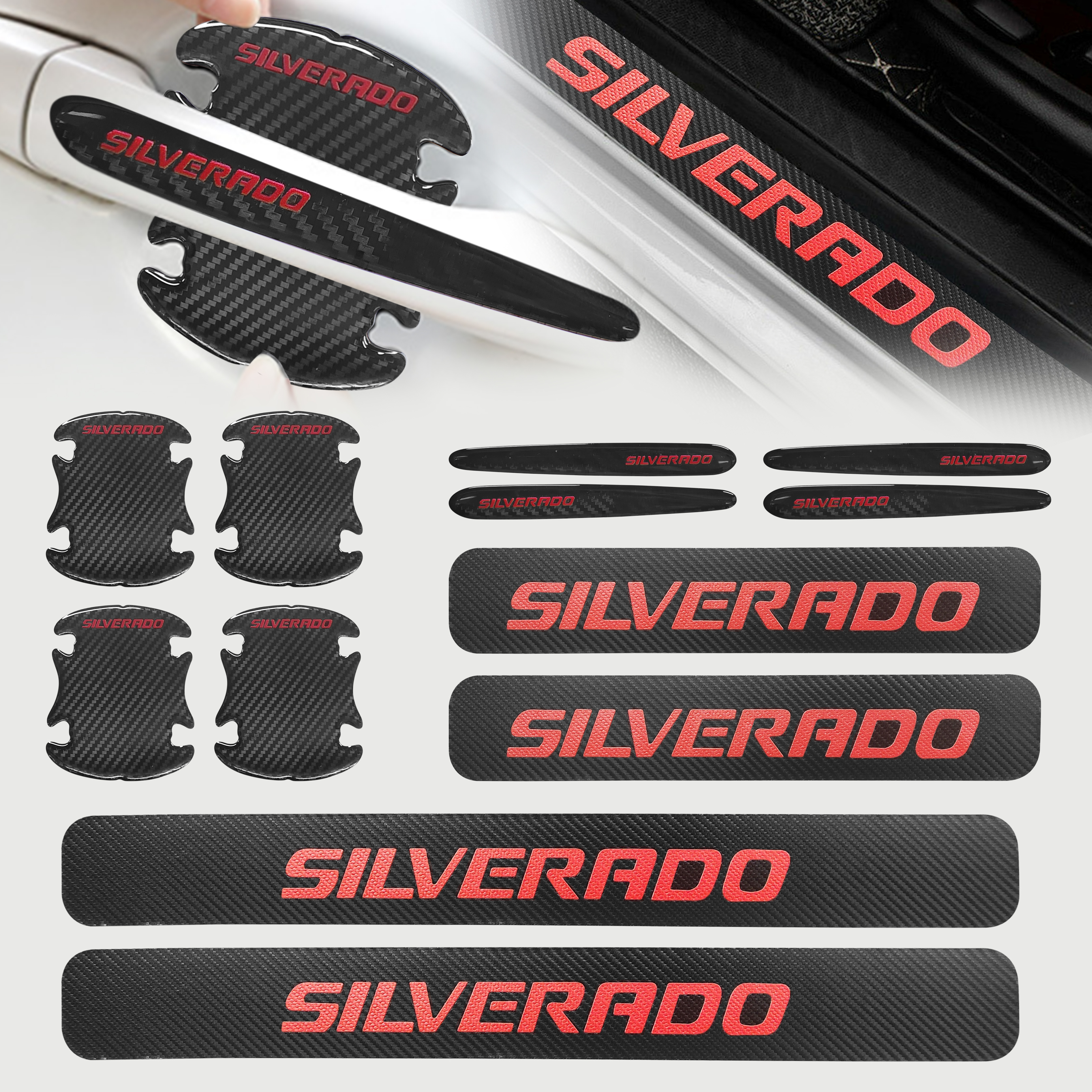 12Pcs Silverado 1500 2500HD 3500HD Carbon Fiber Door Sill Cover Protector Black Red Chevrolet