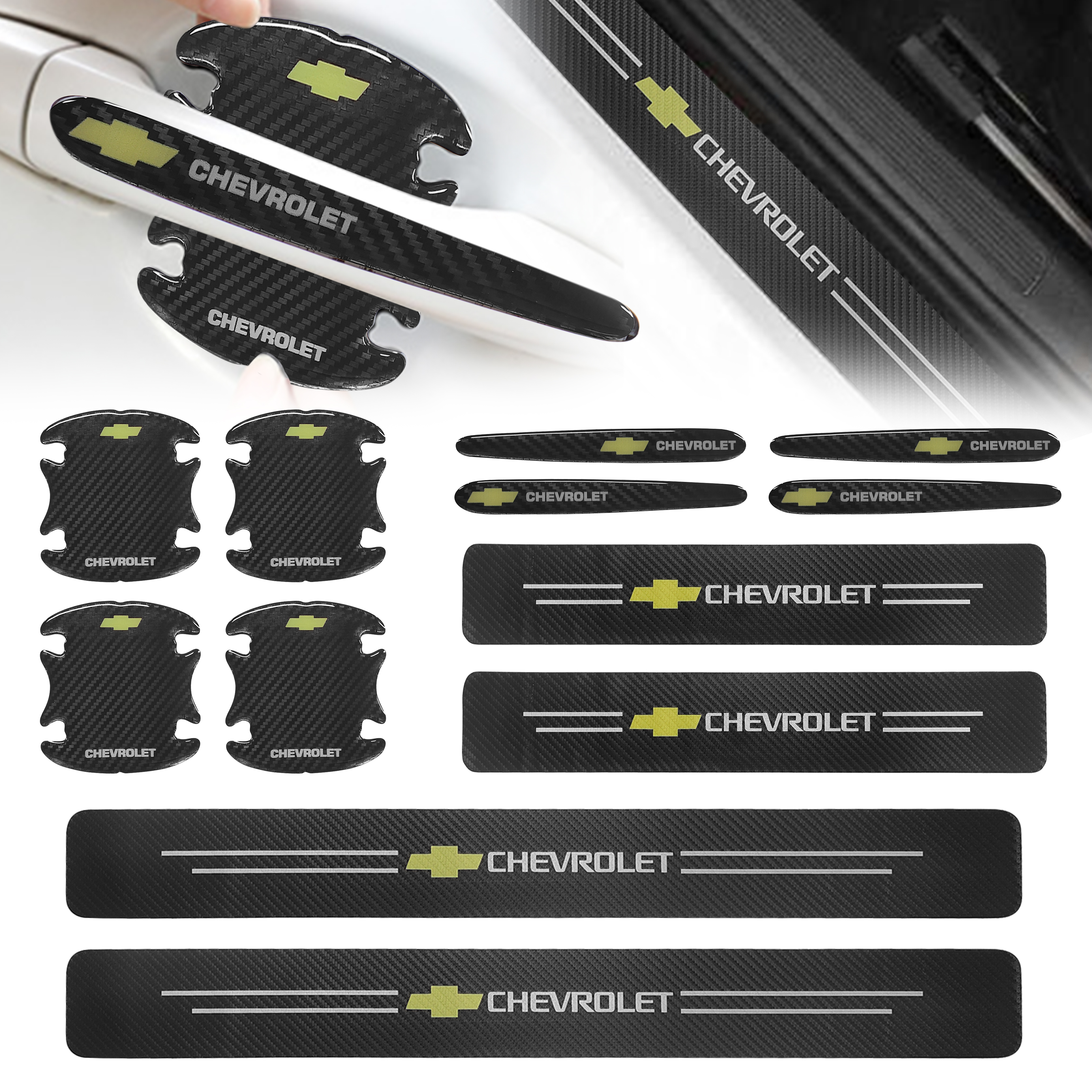 12Pcs Chevrolet Carbon Fiber Black Red Door Sill Scuff Covers Protector Door Cup Handle Stickers Set