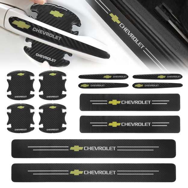 12Pcs Chevrolet Carbon Fiber Black Red Door Sill Scuff Covers Protector Door Cup Handle Stickers Set