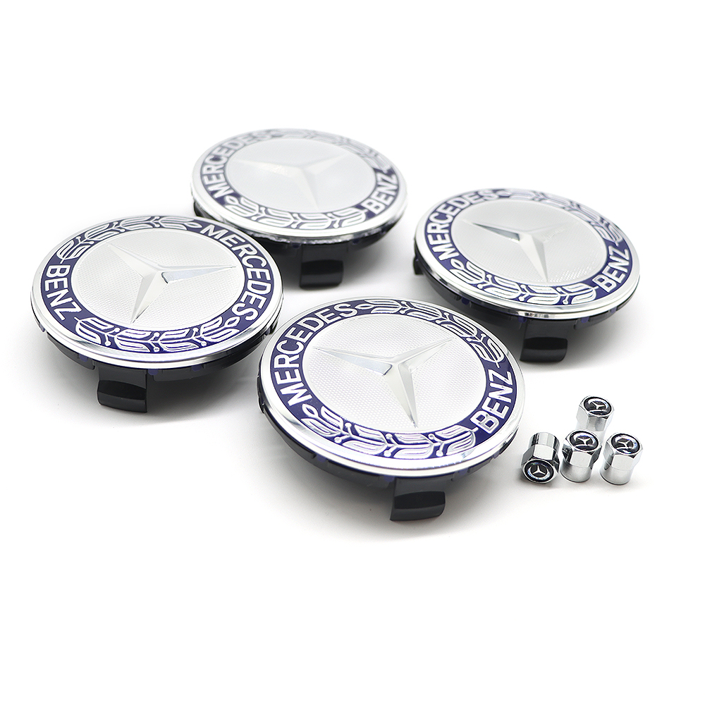 4Pcs 2017-2023 Benz ABS 75mm  Wheel Center Caps Blue Silver Wreath Mercedes-Benz 171-400-01-25-7P70