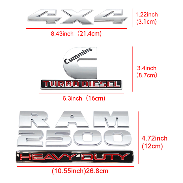 5Pcs 2013-2018 RAM 2500 4x4 Heavy Duty Cummins Turbo Diesel Letter Set Chrome Gloss Silver Red Dodge