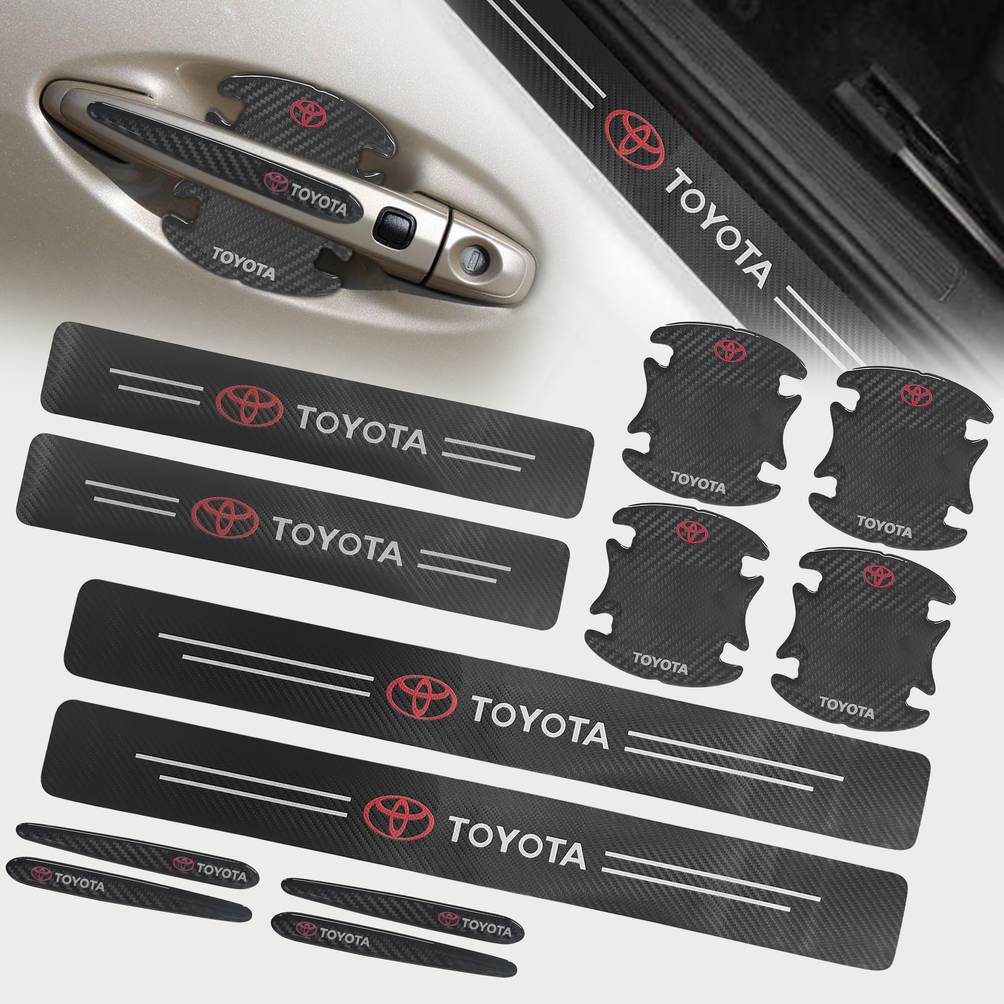 12PCS Universal Carbon Fiber Texture Car Door Plate Sill Scuff Cover Anti Handle Cup Bowl Sticker Protector Black Toyota
