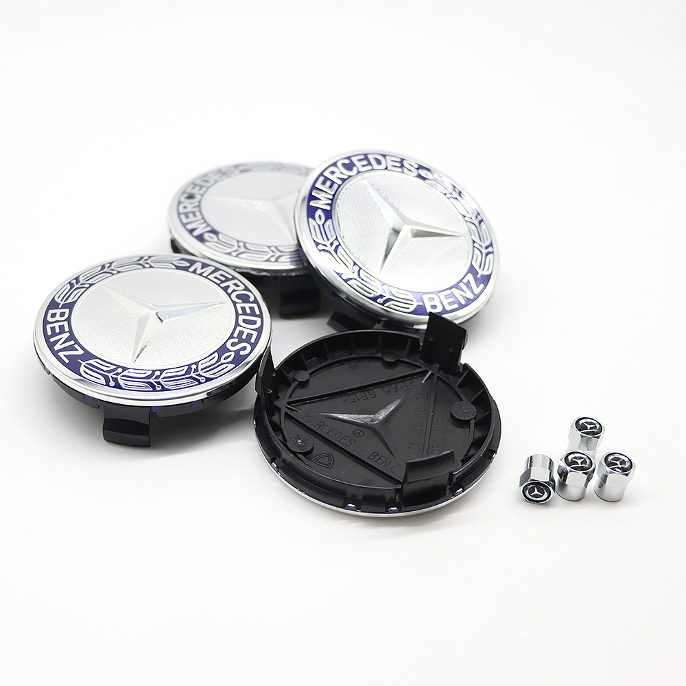4Pcs 2017-2023 Benz ABS 75mm  Wheel Center Caps Blue Silver Wreath Mercedes-Benz 171-400-01-25-7P70