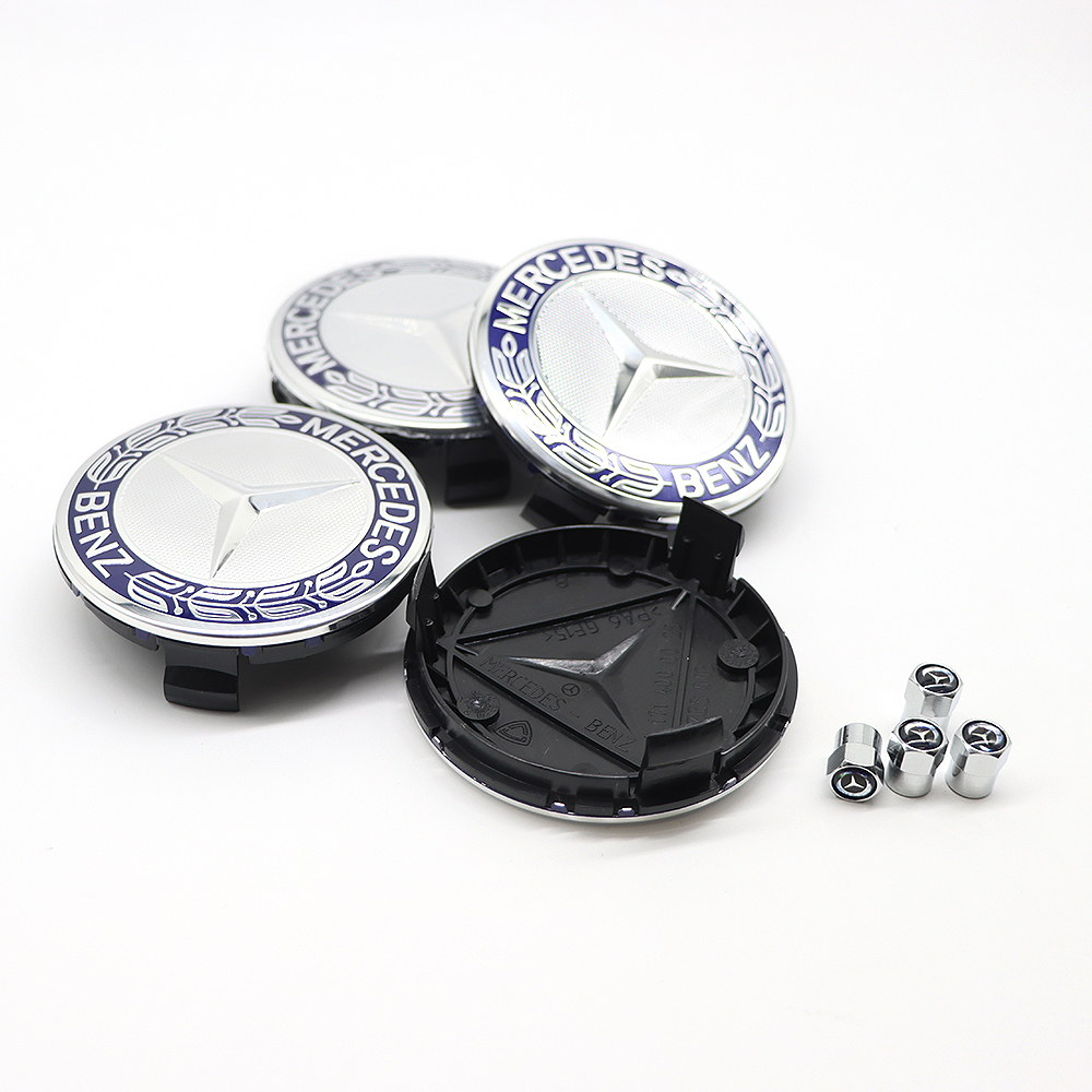 4Pcs 2017-2023 Benz ABS 75mm  Wheel Center Caps Blue Silver Wreath Mercedes-Benz 171-400-01-25-7P70
