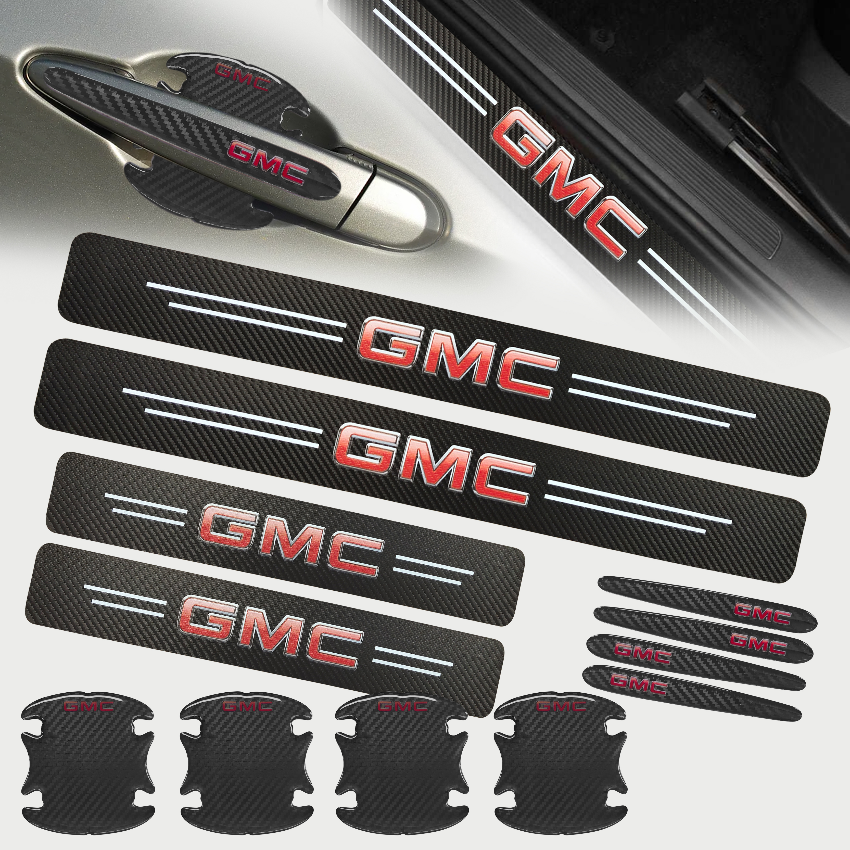12Pcs 1999-2024 Carbon Fiber Sierra 1500 2500 Door Sill Sticker Cup Handle Decal Cover Protector GMC