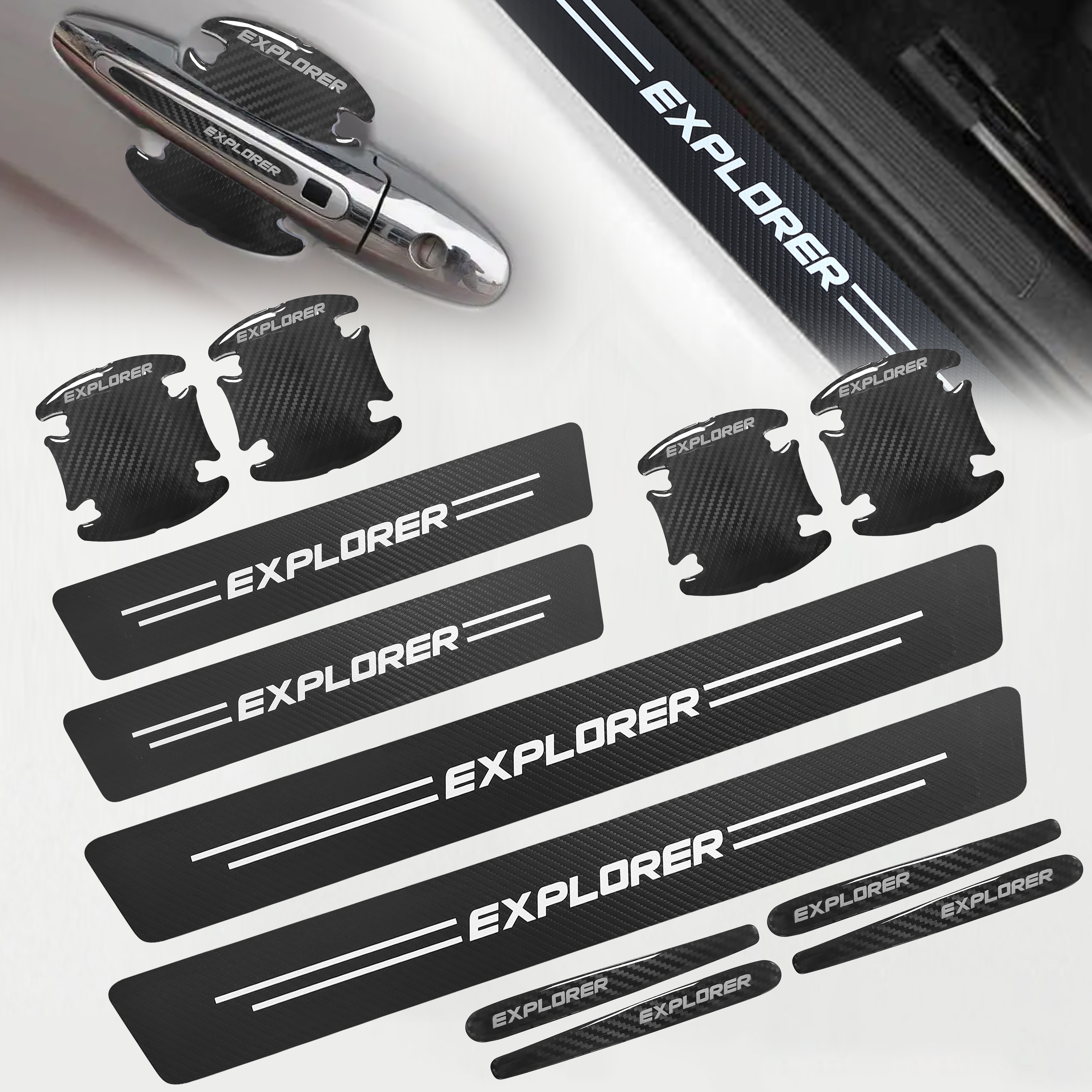 12Pcs Universal Explorer Car Handle Scratch Sticker & Door Sill Pedal Black Stickers Set