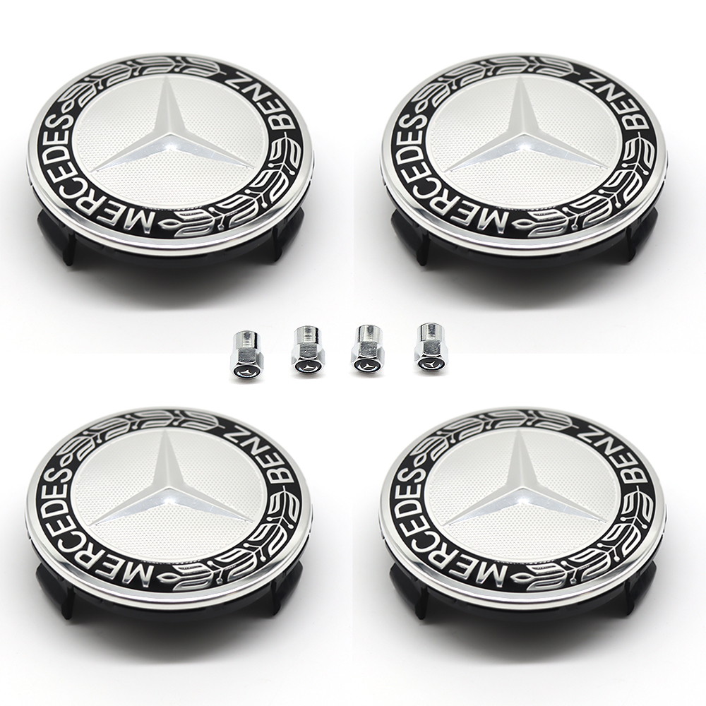 4Pcs 2017-2023 Benz ABS 75mm  Wheel Center Caps Black Silver Wreath Mercedes-Benz 171-400-01-25-7P70