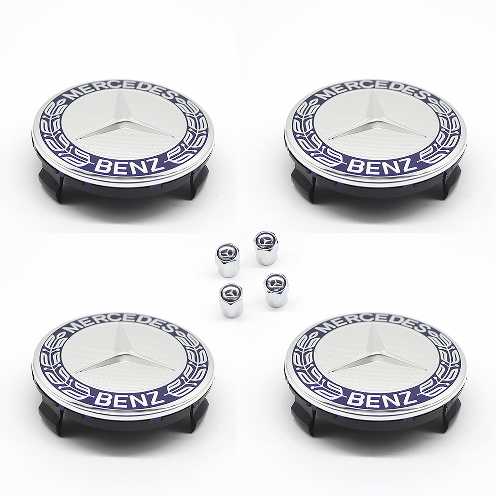 4Pcs 2017-2023 Benz ABS 75mm  Wheel Center Caps Blue Silver Wreath Mercedes-Benz 171-400-01-25-7P70