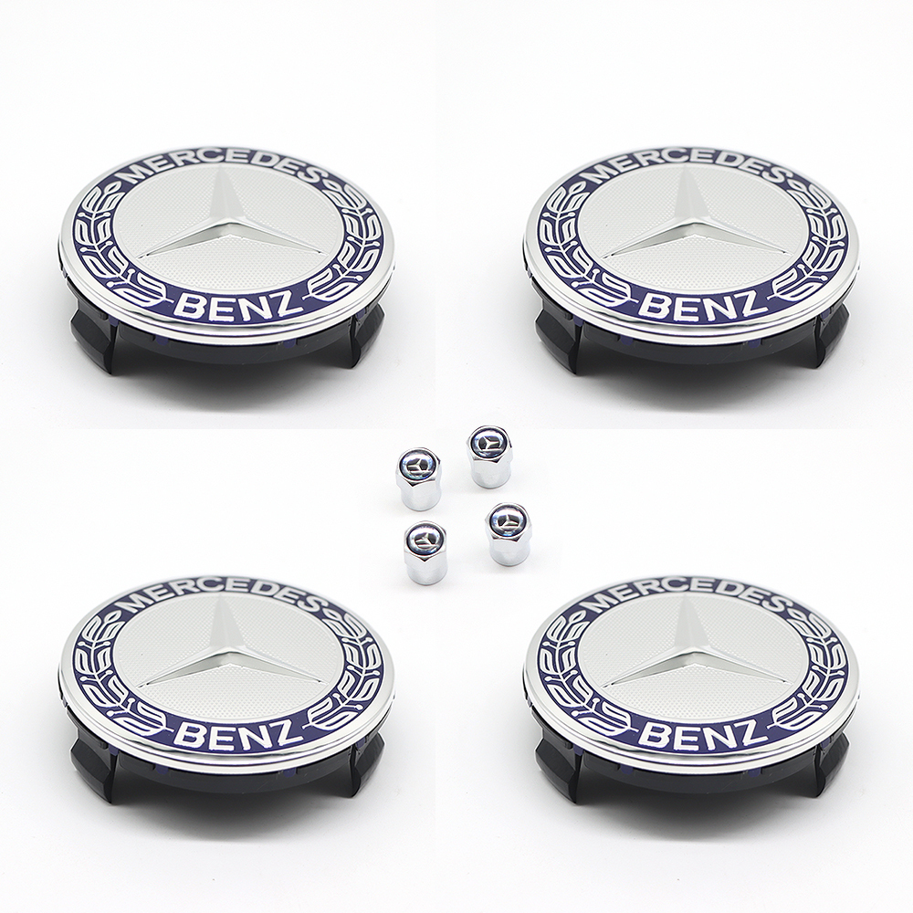 4Pcs 2017-2023 Benz ABS 75mm  Wheel Center Caps Blue Silver Wreath Mercedes-Benz 171-400-01-25-7P70