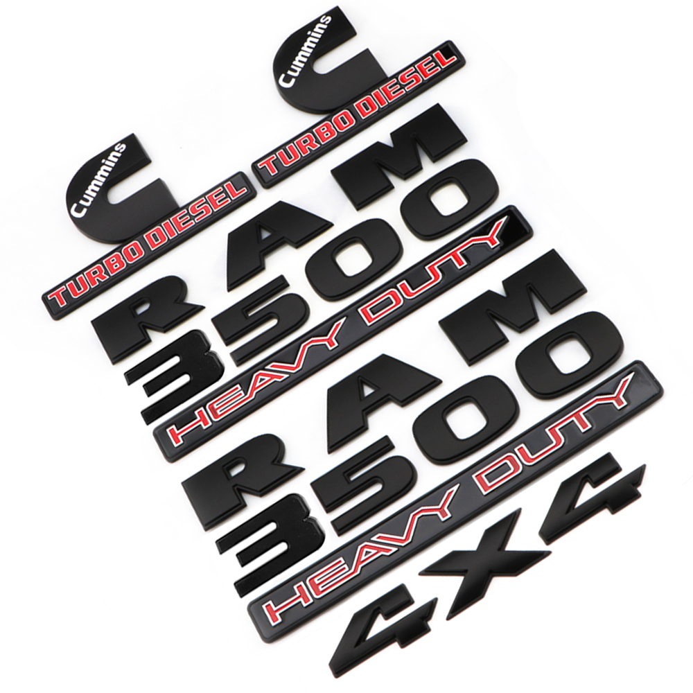 Dodge RAM 3500 2011-2018 Emblem Badges Nameplate RAM 3500 HEAVY DUTY 4X4 Cummins Turbo Diesel Matte Black Red 5PCS SET