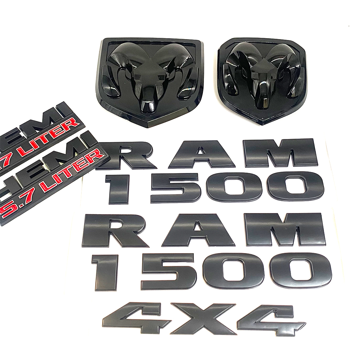 Dodge RAM 1500 Front & Rear RAM Head Emblem + RAM 1500 4X4 Hemi 5.7 liter  Badges Nameplate Black Red 