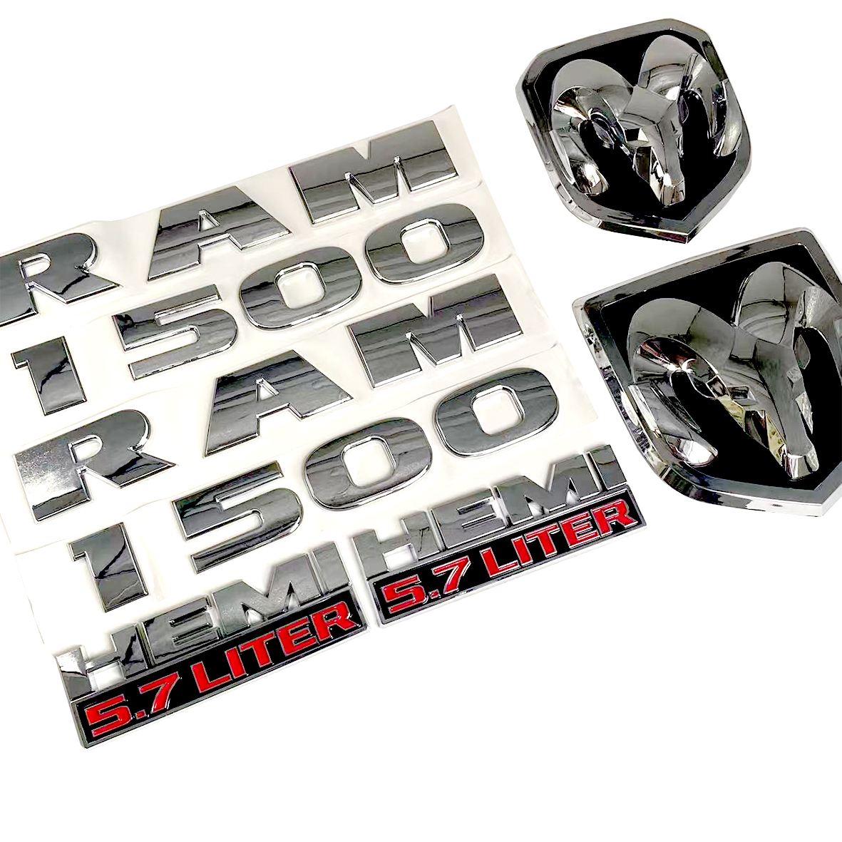 Dodge RAM 1500 Front & Rear RAM Head Emblem + RAM 1500 Hemi 5.7 liter  Badges Nameplate Chrome Red 