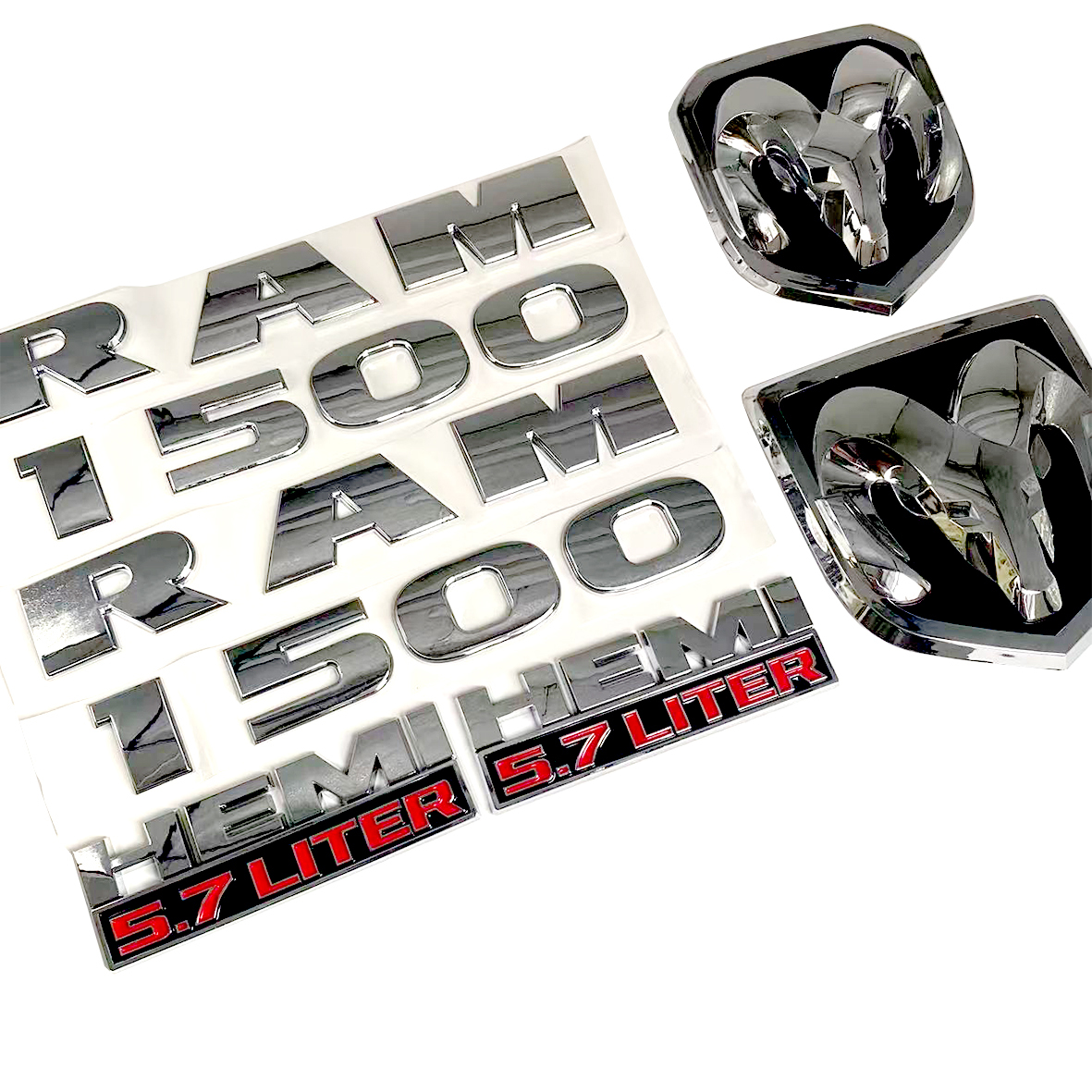 Dodge RAM 1500 Front & Rear RAM Head Emblem + RAM 1500 Hemi 5.7 liter  Badges Nameplate Chrome Red 