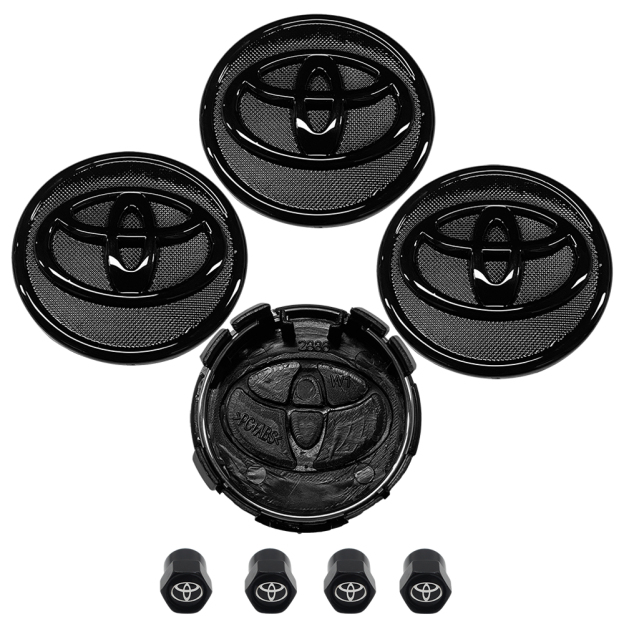 FIT FOR TOYOTA SET OF 4 BLACK 57mm/2.24in Wheel Center Caps &4 Tire Valve Stem Caps