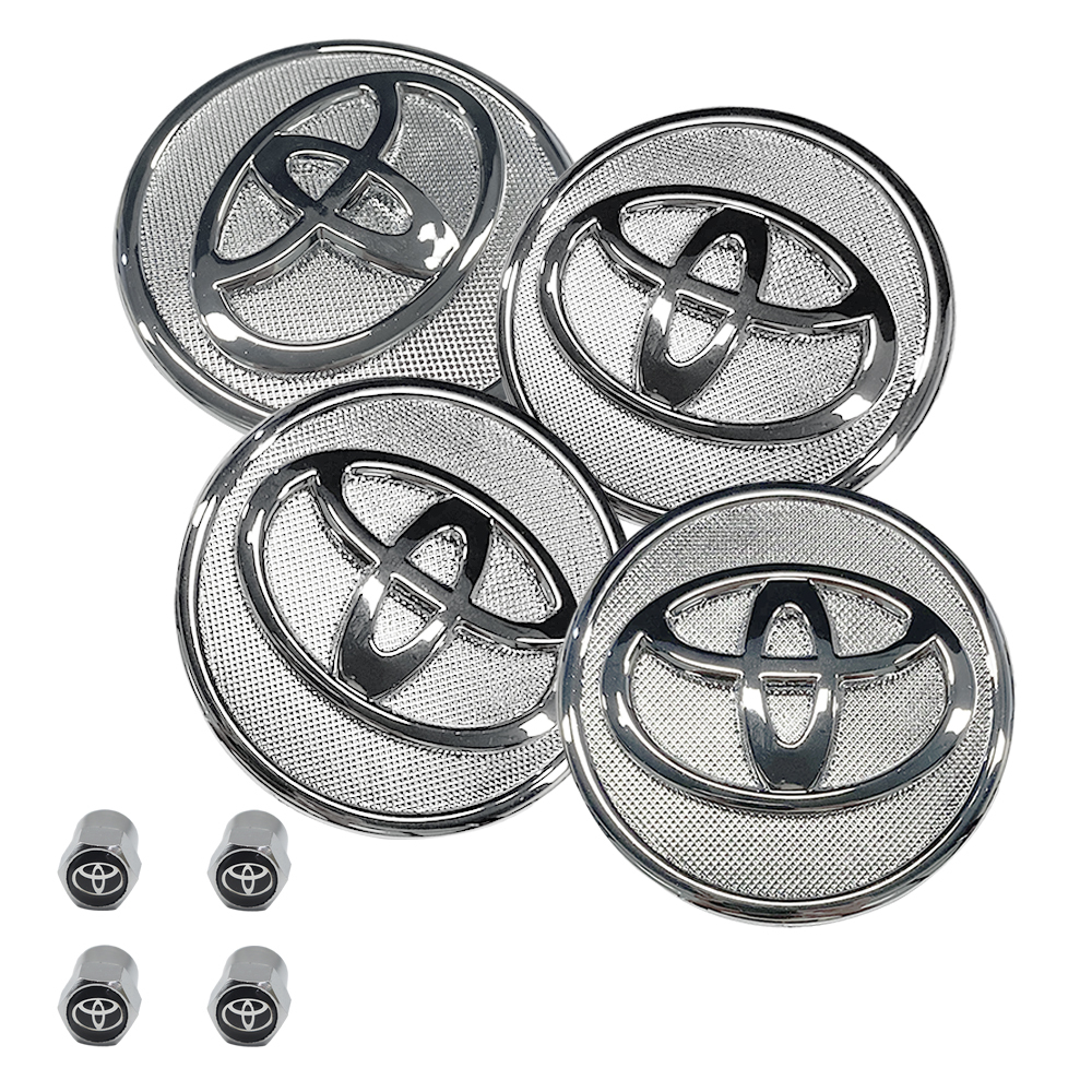 SET 4 TOYOTA WHEEL CENTER CAPS 57 MM SILVER/CHROME COROLLA PRIUS YARIS&4 Tire Valve Stem Caps