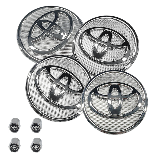 SET 4 TOYOTA WHEEL CENTER CAPS 57 MM SILVER/CHROME COROLLA PRIUS YARIS&4 Tire Valve Stem Caps